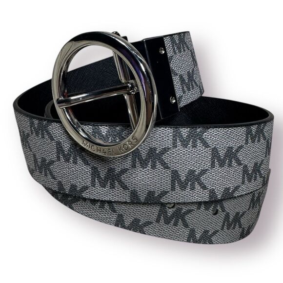 Michael Kors Signature MK Logo Print Canvas Gray Silver‎ Belt Size Medium 34" - Picture 2 of 6